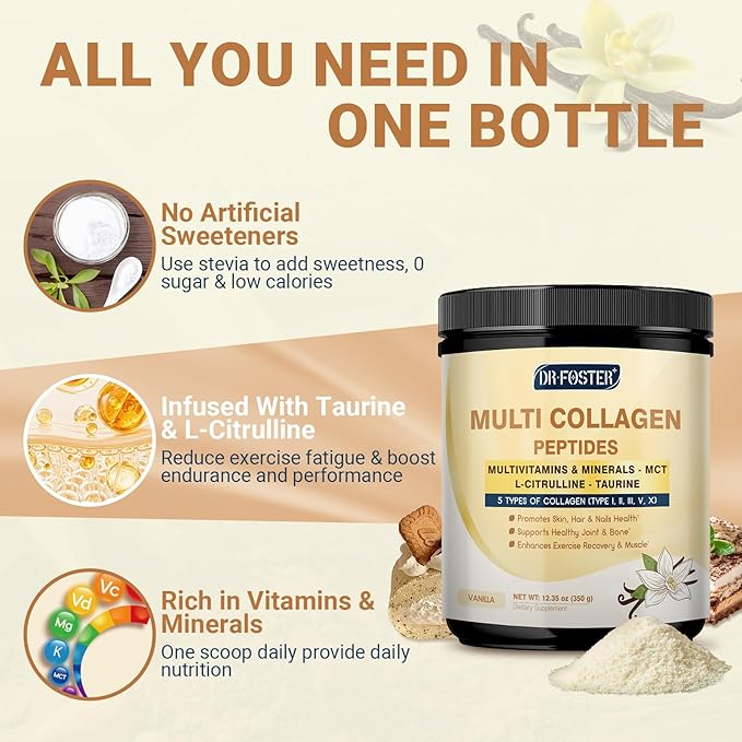 DRFOSTER Vanilla Collagen Peptides Powder for Women & Men, Multi Type I II III V X Collagen with multivitamins & Minerals for Skin, Hair & Nails & Joints, Non-GMO, 35 Servings