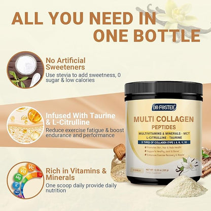 DRFOSTER Vanilla Collagen Peptides Powder for Women & Men, Multi Type I II III V X Collagen with multivitamins & Minerals for Skin, Hair & Nails & Joints, Non-GMO, 35 Servings