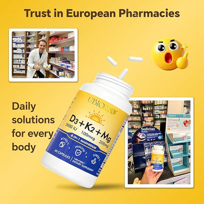 UBIOSKA Vitamin D3 K2 Magnesium Supplement – 5000 IU D3 + MK-7 K2 with 8-Form Magnesium (Glycinate, Taurate, Malate) for Calm Sleep, Stress Relief, Mood Balance & Strong Bones – 60 Capsules