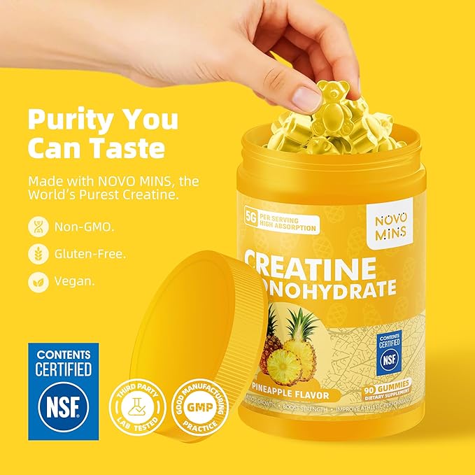 novomins Creatine Monohydrate Gummies for Men & Women, Chewables Creatine Monohydrate for Muscle Strength, Muscle Builder, Energy Boost, Pre-Workout Supplement(90 Count)-Pineapple Flavor.