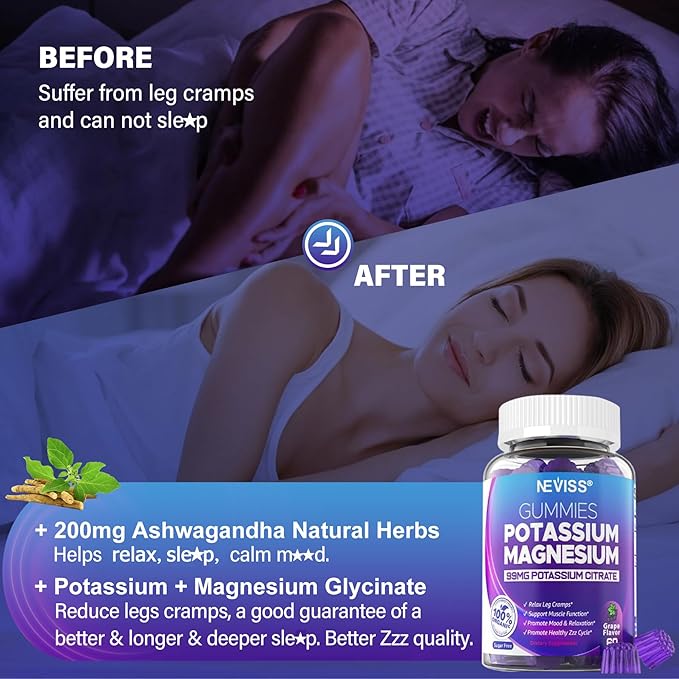 Potassium Magnesium Gummies - Potassium Supplement w/Ashwagandha 200mg, Magnesium Glycinate,B6,B12,P-otassium Citrate for Leg Cramps,Muscle,Electroyte for Adults Kids,Sugar-Free, 2 Pack