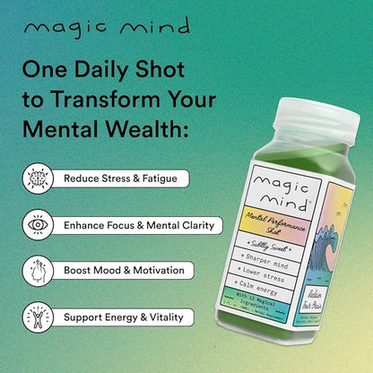 Magic Mind Focus Energy Drink Shots - No Jitters, Stress Relieving, Ashwagandha, Functional Mushrooms, Matcha Green Tea, Vitamin B12, Vitamin C - 2 FL Oz (5 Pack)