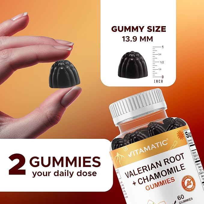 Vitamatic Valerian Root & Chamomile Gummies – Plant-Based Botanical Extract – Mixed Berry Flavor – Vegan, Non-GMO, Gluten-Free – Herbal Supplement – 60 Count