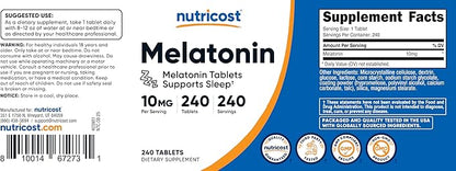 Nutricost Melatonin 10mg, 240 Tablets - 10mg Per Serving, Non-GMO, Gluten Free