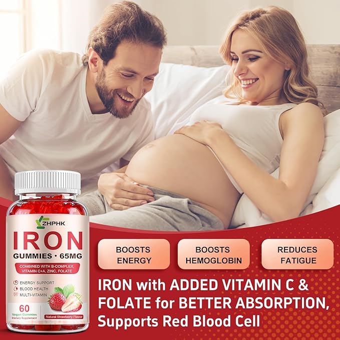 ZHPHK Iron Supplement Gummies, 65mg Iron for Women Men Kids, Natural Vegan Iron Gummy with Folate Gentle on Stomach, Gluten Free, Energy Support & Immune Health, 60 Gummies