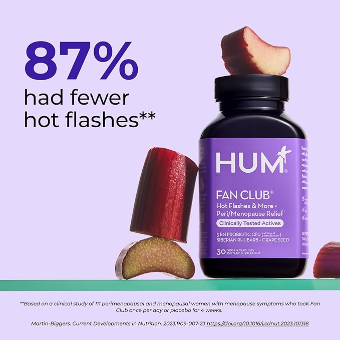 HUM Fan Club Menopause Probiotic Supplement, Estrogen Free Menopause Supplements for Women, Non Hormonal, Supports Energy & Hot Flashes, Grape Seed Extract & Siberian Rhubarb, 30 Vegan Capsules