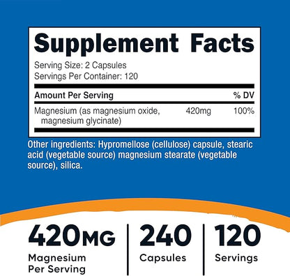 Nutricost Magnesium+ Extra Strength 420mg, 240 Capsules - 120 Servings. Magnesium Oxide and Glycinate - Non-GMO, Gluten Free, Vegan Friendly