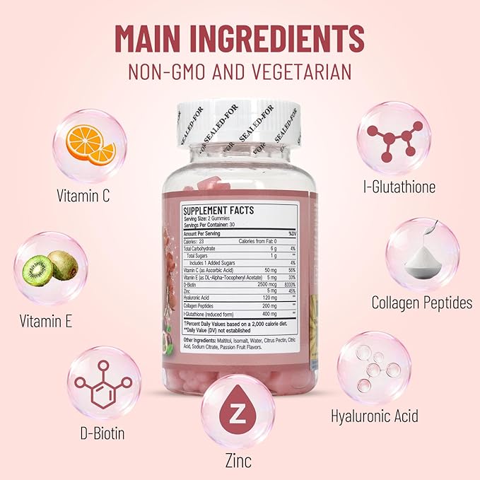 Skin Whitening Gummies, with Glutathione, Collagen and Bioth, Hydrated Youthful Skin, Glow and Spots Fading, Anti-Aging, 60 Count