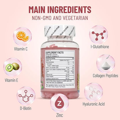 Skin Whitening Gummies, with Glutathione, Collagen and Bioth, Hydrated Youthful Skin, Glow and Spots Fading, Anti-Aging, 60 Count