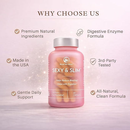 Bloat No More Digestive Enzymes - Sexy and Slim Bloating Relief for Women, Helps Debloating and Gas Relief & Promotes Digestion with Fenugreek & Dandelion - 60 Count