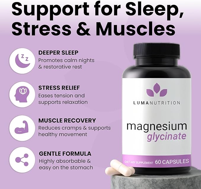 Luma Nutrition Magnesium Glycinate 1000mg - Support Stress, Sleep, Nerve & Muscle Health - 500mg Pure Magnesium Supplement Capsules - Chelated for High Absorption - 60 Veggie Capsules