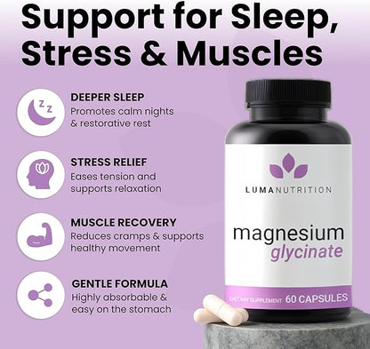 Luma Nutrition Magnesium Glycinate 1000mg - Support Stress, Sleep, Nerve & Muscle Health - 500mg Pure Magnesium Supplement Capsules - Chelated for High Absorption - 60 Veggie Capsules