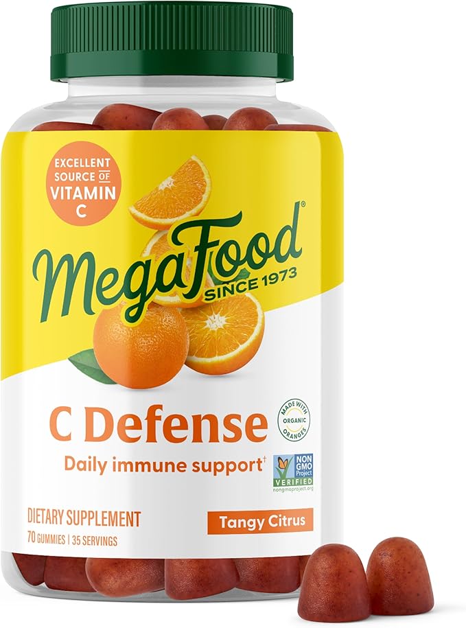 MegaFood C Defense Daily Vitamin C Supplement - Chewable Vitamin C Gummies, Immune Support Supplement, Tangy Citrus Flavor, Made with Real Food, Vegan - 70 Gummy Vitamins, 35 Servings