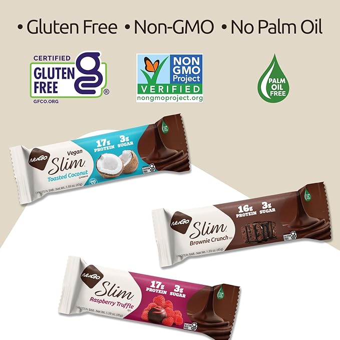 NuGo Slim Dark Chocolate Brownie Crunch, 16g Protein, 3g Sugar, 7g Fiber, Low Net Carb, Keto Friendly, Gluten Free, 12 Count