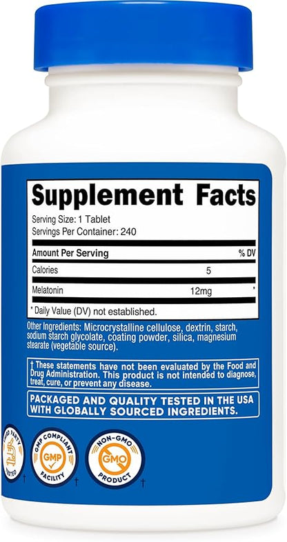 Nutricost Melatonin 12mg, 240 Tablets - 12mg Per Serving, Non-GMO, Gluten Free