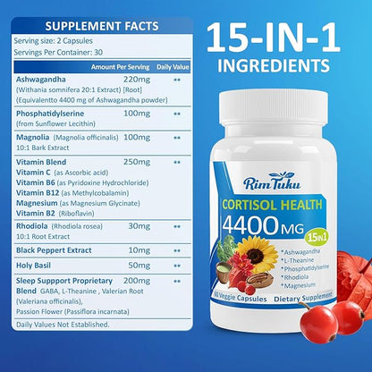 Cortisol Supplements for Women & Men -15-in-1 Cortisol Detox for Women, Cortisol Manager & Reducer with Ashwagandha, Rhodiola Rosea Supports Stress Relief, Adrenal Balance, 120 Capsules