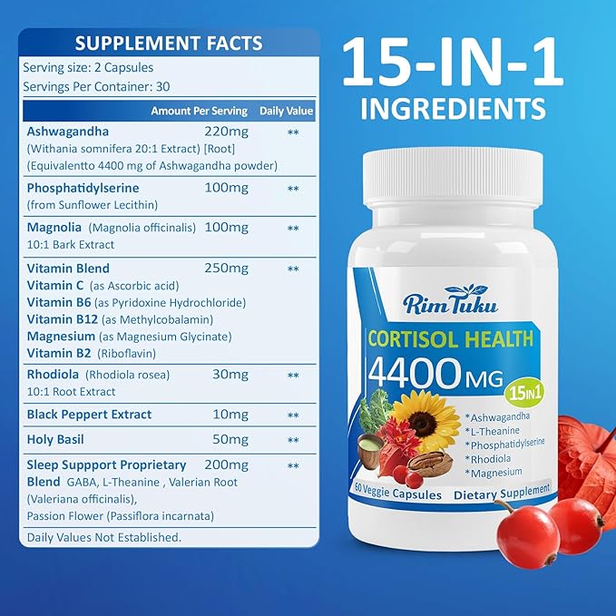 Cortisol Supplements for Women & Men -15-in-1 Cortisol Detox for Women, Cortisol Manager & Reducer with Ashwagandha, Rhodiola Rosea Supports Stress Relief, Adrenal Balance, 60 Capsules