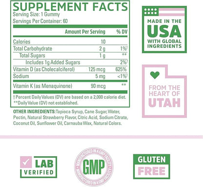 Zhou D3+K2 - Vitamin D3 K2 Supplement for Women & Men, Immune Support Vit D3 and K2 Gummy, Gelatin Free Formula with 5000 IU of D3 and MK-7 - 60 Veggie Gummies (Pack of 1)