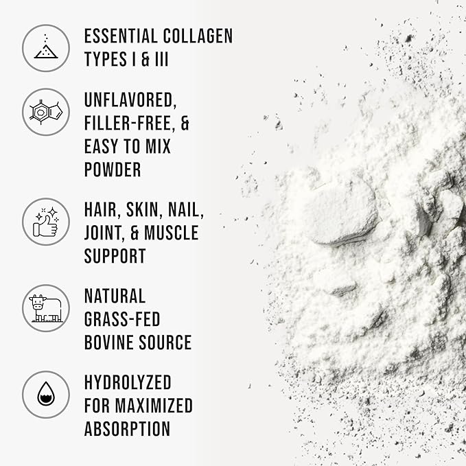 Bovine Collagen Peptides Powder, Hydrolyzed Type I & III Protein, Grass-Fed Pasture-Raised Source, Unflavored Collagen Supplement Paleo-Friendly for Active Lifestyles & Wellness Non-GMO, 2.4lb (1.1kg)