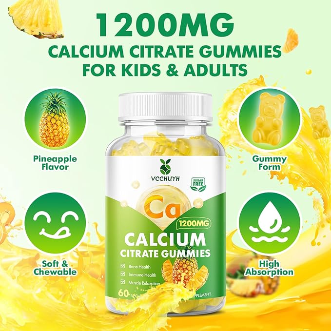 Calcium Citrate Gummies 1200 mg, Sugar Free Calcium Gummies for Adults & Kids, Chewable Calcium Supplements for Women, Bone & Immune Support, Pineapple Flavor 60 Count