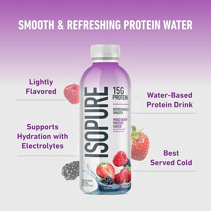 Isopure Clear Protein Water with Electrolytes, 15g Whey Protein Isolate, Zero Sugar, Mixed Berry, 20 fl oz Bottles, 12-Pack
