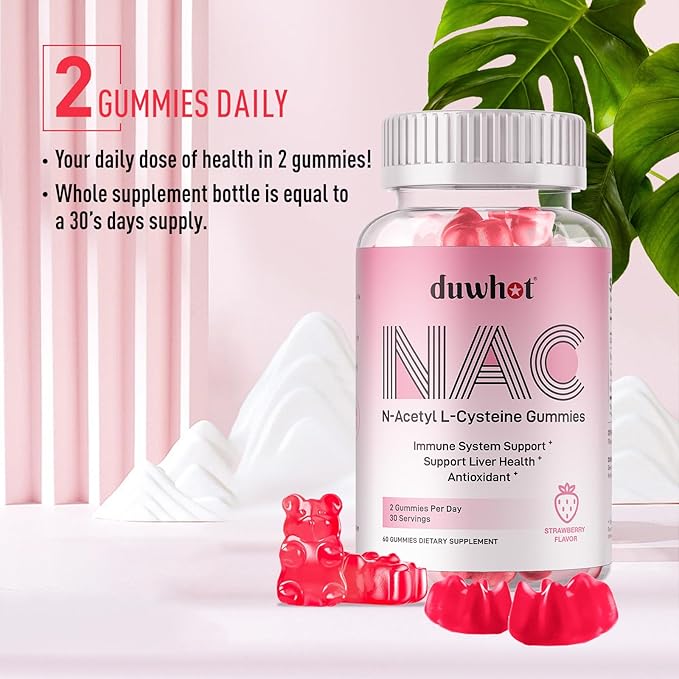 duwhot NAC Gummies 600mg, N Acetyl Cysteine Supplement NAC Chewable for Antioxidants & Immune Support, Lung & Liver Health, Natural Strawberry Flavor, 60ct