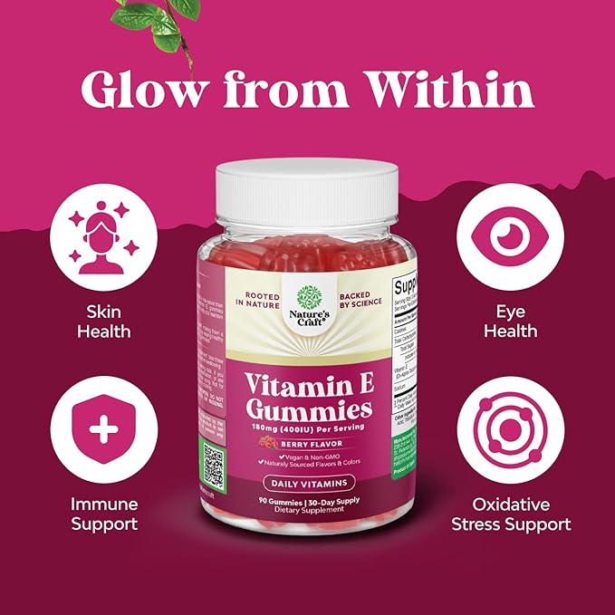 Natures Craft Vitamin E Gummies for Skin Care - High-Potency Vitamin E 400 IU Skin Supplement - Delicious & Easy-to-Take Supplement Promote Health Immune Support & Cellular Protection 90 Count