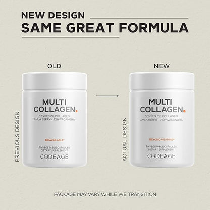 Codeage Multi Collagen Capsules – 5 Collagen Types I, II, III, V & X – Hydrolyzed Grass-Fed Bovine Protein with Ashwagandha, Amla, and Vitamins - 2-Pack
