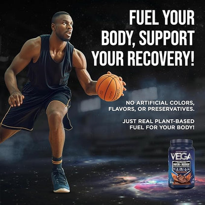 Vega Sport Vegan Protein Powder + Recovery - 30g Plant Based Protein per Serving, Chocolate, 19 Servings, 5g BCAAs, Probiotics, NSF Certified, for Shakes & Smoothies, 1.8lbs (Packaging May Vary)