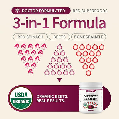 Snap Supplements Organic Beet Root Powder Nitric Oxide Supplement for Men & Women, Red Spinach & Pomegranate, Supports Healthy Energy & Blood Pressure Already in Normal Range, 30 Servings, Mixed Berry