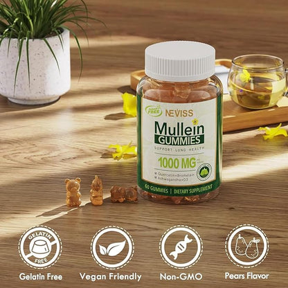 NEVISS Mullein Gummies for Lungs, Organic Mullein Leaf Extract 1000mg for Respiratory System with Quercetin & Bromelain, D3 for Digestive Support, Immune Booster, Sugar Free, Vegan, 120 Count