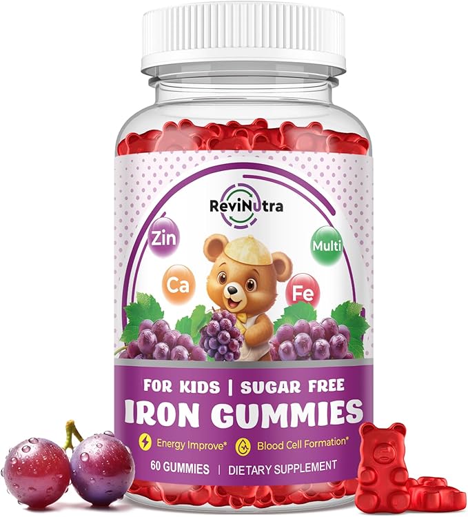 Iron Supplement Gummies for Kids - with Calcium, Zinc, Kids Multivitamin with Iron Gummies - Immune Support, Blood Builder & Energy Support for Iron Deficiency, Anemia, Vegan - 60 Count Grape Flavor