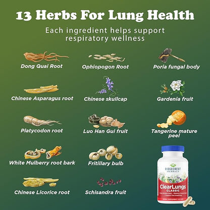 RidgeCrest Herbals ClearLungs Classic, Daily Health Supplement, Natural Lung and Nasal Wellness Formula for Bronchial, Respiratory, Immune, Sinus, and Mucus Support (60 Vegan Caps, 30 Serv)