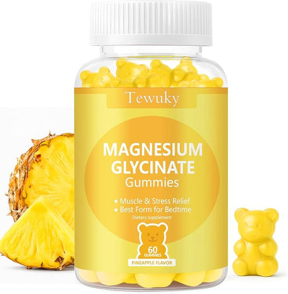 Magnesium Glycinate Gummies 500mg, Sugar-Free for Adults & Kids, Magnesium Gummies for Sleep, Stress & Muscle Relief, Supports Bone & Nerve Health, Vegan, Pectin-Based, 60 Count, Pineapple Flavor
