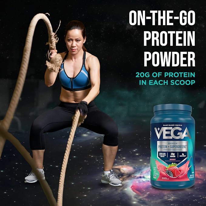 Vega Protein + Supergreens - 20g Plant-Based Protein, Berry, 26 Servings, Real Greens & Veggies, Vegan Keto, 0g Added Sugar, Non-GMO, Gluten Free, Dairy Free, 1.7lbs (Packaging May Vary)