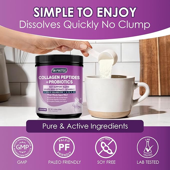 DRFOSTER Collagen Peptides Powder with Probiotics - Hydrolyzed Collagen Type I II III V X with Antioxidant Blend - Multi Collagen for Women Support Skin Hair Nail Joints & Gut, 35 Servings, Non-GMO