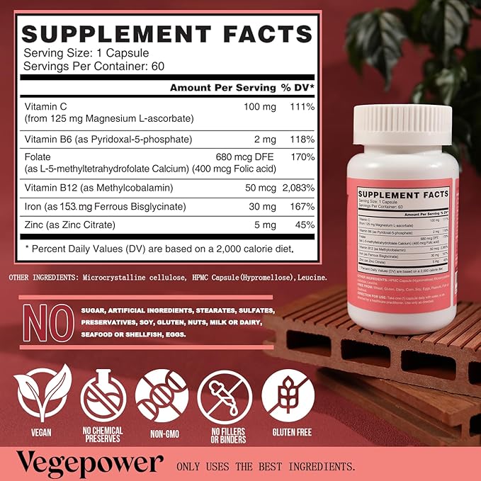 Iron Bisglycinate Supplement for Women & Men - 30mg Iron Pills with Vitamin C, B12, Folic Acid - Chelated Iron for Anemia, Health Blood - High Absorption, Gluten-Free, Non-GMO - 60 Vegan Caps