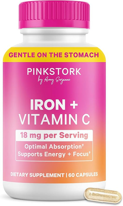 Pink Stork Iron for Women – 18 mg Non-Constipating Iron Bisglycinate + Vitamin C for Optimal Absorption – Energy, Focus, & Oxygen Supply – PMS, Pregnancy, Postpartum & Perimenopause - 60 Capsules