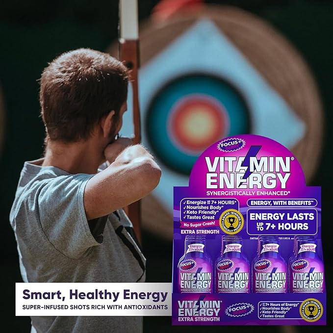 Vitamin Energy Focus+ Extra Strength Energy Shot Berry 48 Pack, 260mg Natural Caffeine, B-Vitamins, CoQ10, Amino Acids, Focus, Productivity & Clarity, Zero Sugar, Gluten-Free, 1.93 fl oz