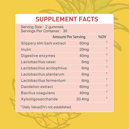 Women's Probiotic Gummies, Pineapple Flavor - 3B CFU Bacillus Coagulans with Lnulin, Dandelion Root & Slippery Elm - Support Gut Health & Digestive Balance, 60 Gummies