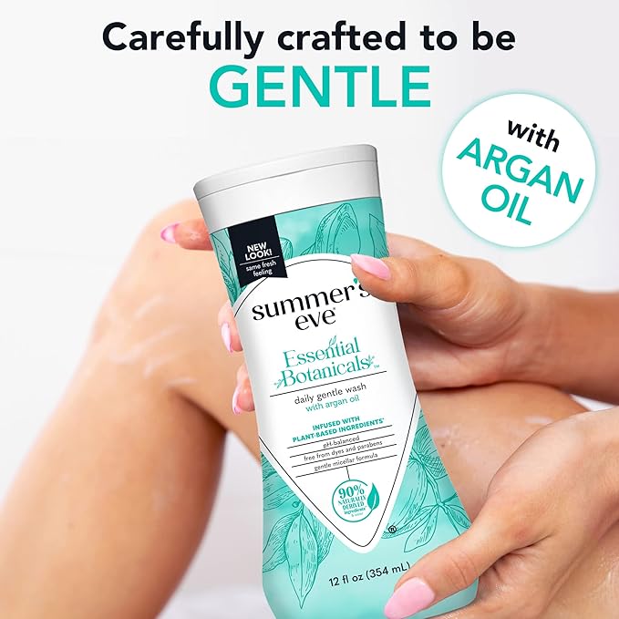 Summer's Eve Essential Botanicals All-Over Daily Feminine Wash with Argan Oil, Gentle pH-Balanced Body Wash for Women, Removes Vaginal Odor and Refreshes, 12 Fl Oz