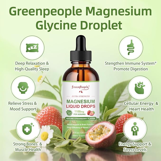 GREENPEOPLE Magnesium Glycinate Liquid Drop - 17-in-1 4Fl. Oz Triple Magnesium Complex Supplement with Glycinate 400mg & Citrate 500mg Taurate/L-Theanine for Calm Mood/Muscle/Sleep,Strawberry -2 Pack