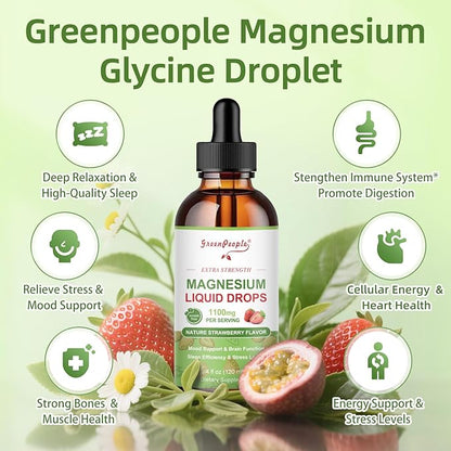 GREENPEOPLE Magnesium Glycinate Liquid Drop - 17-in-1 4Fl. Oz Triple Magnesium Complex Supplement with Glycinate 400mg & Citrate 500mg Taurate/L-Theanine for Calm Mood/Muscle/Sleep,Strawberry Flavor