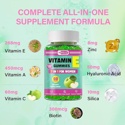 Vitamin E Gummies for Women – 400 IU (268mg) Vitamin E Supplements with Biotin & Hyaluronic Acid for Skin, Hair & Nails – Sugar Free, Vegan, Non-GMO – 60 Count