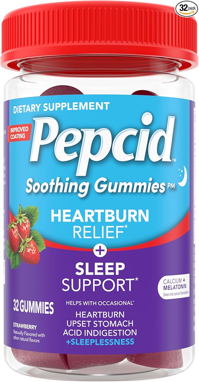 Pepcid Soothing Gummies, Heartburn Relief + Sleep Support Gummies Help Occasional Heartburn, Upset Stomach, Acid Indigestion + Sleeplessness, Calcium & Melatonin, Strawberry, 32 ct