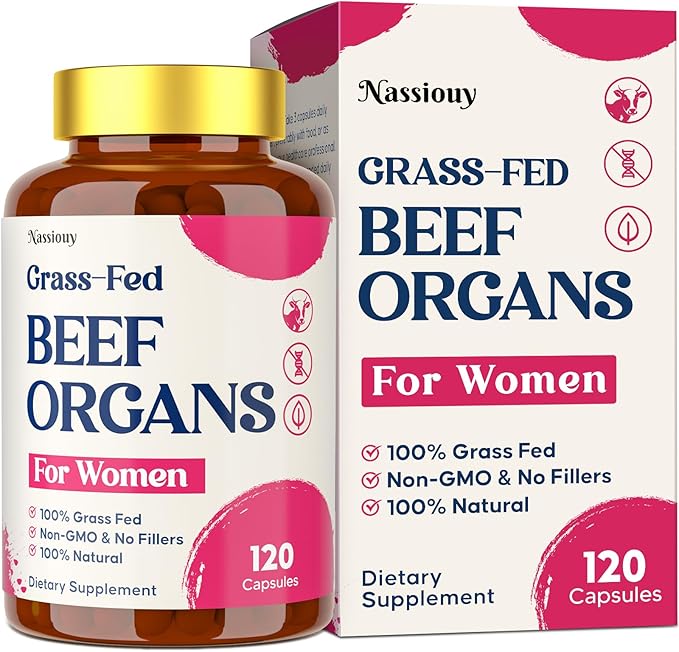12-In-1 Beef Organ Supplement for Women - Beef Liver, Uterus, Kidney, Heart, Pancreas, 5 Vitamins & 2 Herbs, Hormone Balance, Menstruation, Energy, Immune - 100% Grass Fed, Pasture Raise - 120 Caps