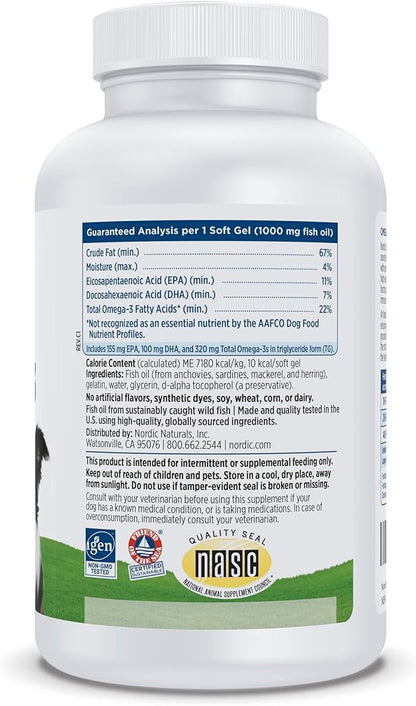 Nordic Naturals Omega-3 Pet, Unflavored - 120 Soft Gels - 320 mg Omega-3 Per Soft Gel - Fish Oil for Dogs with EPA & DHA - Promotes Heart, Skin, Coat, & Immune Health