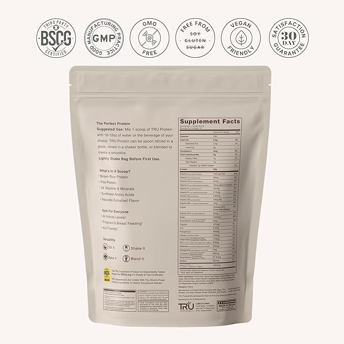 TRU Plant Based Protein Powder, BCAA, EAA, 20g Vegan Brown Rice & Pea Protein, 100 Calories, 27 Vitamins, No Artificial Flavors 25 Servings (Peanut Butter Banana Cupcake)