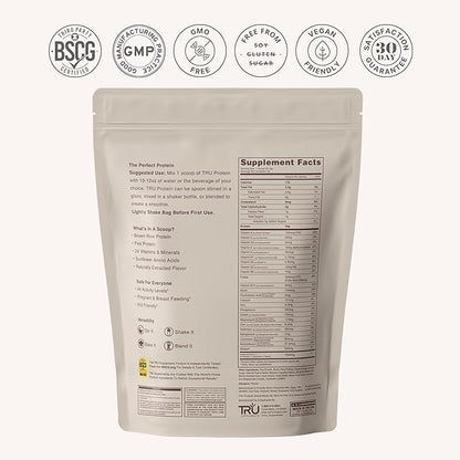 TRU Plant Based Protein Powder, BCAA, EAA, 20g Vegan Brown Rice & Pea Protein, 100 Calories, 27 Vitamins, No Artificial Flavors 25 Servings (Peanut Butter Banana Cupcake)