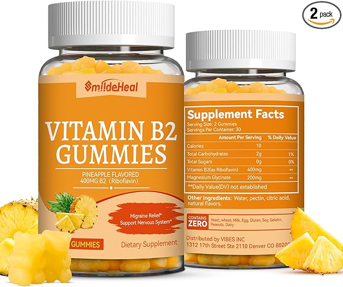 2 Pack Vitamin B2 Gummies, Chewable Riboflavin 400mg Supplement with Magnesium for Adults, Migraine Relief* & Nervous System Support*, Vegan - 120 Counts